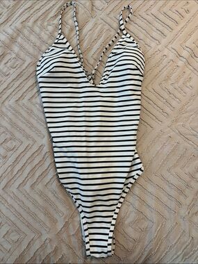 Amazon Women's Black and White Striped One-Piece Swimsuit